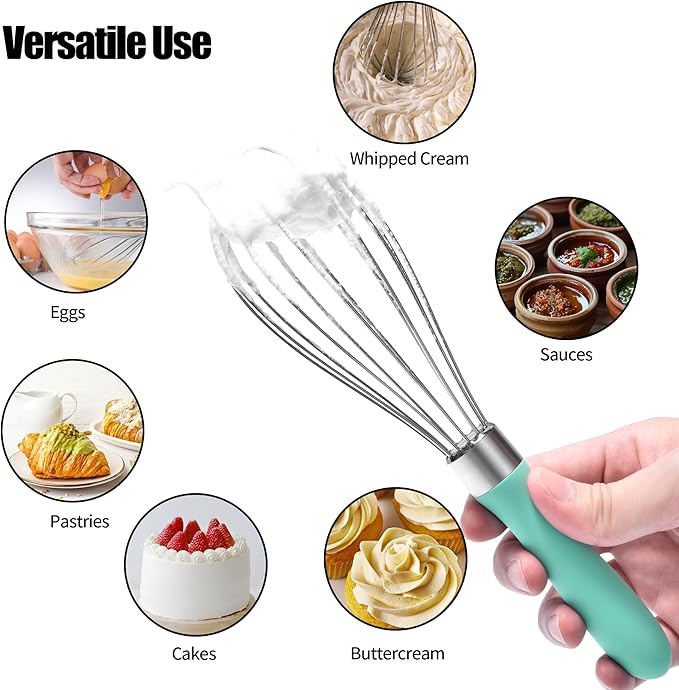 18/8 Stainless Steel Balloon Whisk, Doosu Kitchen Whisk for Cooking Handheld Egg Beater with Rust-Proof Sturdy Wires & Non-Slip Silicone Handle for Beating, Stirring, Blending (6 Wires, Aqua Sky)