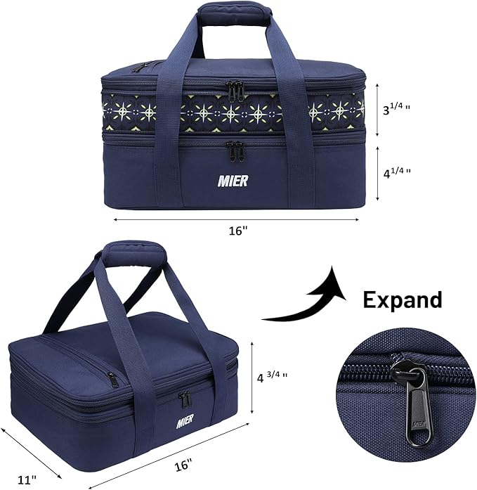MIER Insulated Double Casserole Carrier Bag for Lasagna Lugger, Potluck Parties, Picnic, Beach, Fits 9 x 13 Inches Baking Dish, Casserole Dish, Expandable, Dark Blue