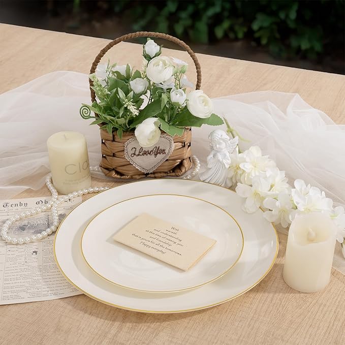 PULOTE 60 PCS Ivory Plastic Plates - Cream Plastic Disposable Include 30 Dinner and 30 Dessert Plates with Gold Rim - Ideal for Party & Wedding