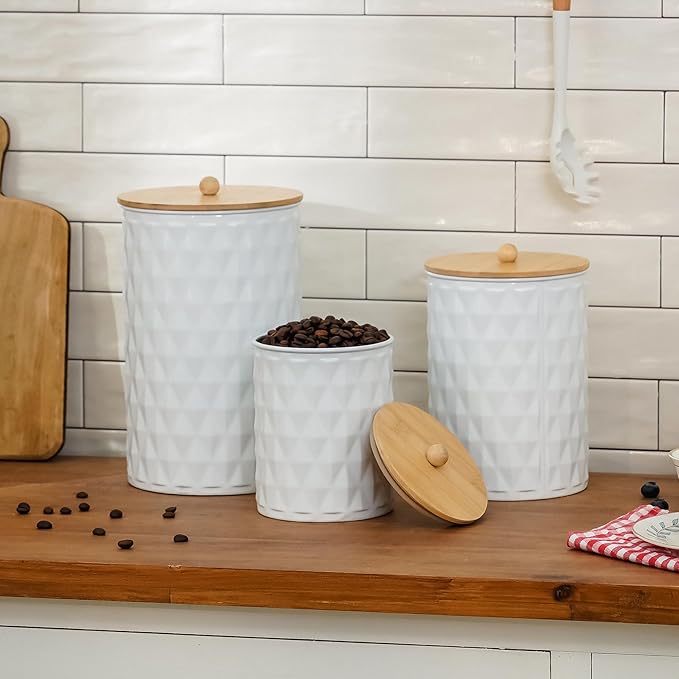Kitchen Canister Set of 3 Tea Coffee Sugar Containers with Airtight Bamboo Lids Food Flour Storage for Countertop Metal White Diamond Pattern Embossed Farmhouse Decor