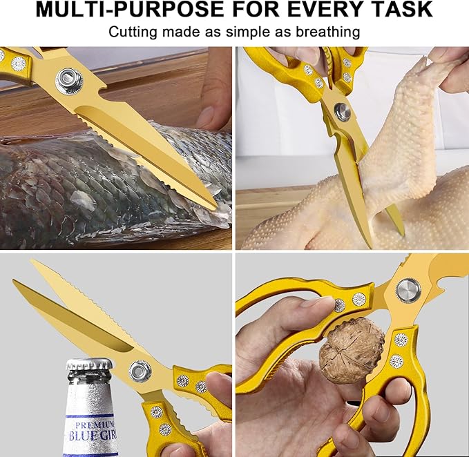 CGBE Kitchen Scissors, Multi-Purpose Kitchen Shears, Heavy Duty Dishwasher Safe Food Scissors for Chicken, Poultry, Fish, Meat & Herbs with Non-Slip Grips - ALL Gold