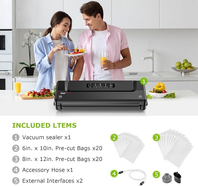Bonsenkitchen Vacuum Sealer Machine with 40 Bags | Compact Food Sealer for Kitchen Storage & Meal Prep | Multiple Modes | External Vacuum System, Black