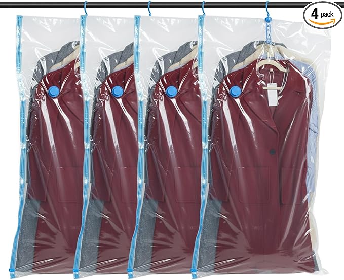 Spacesaver Hanging Vacuum Storage Bags (Pack of 4) - Vacuum Sealer Bags, Closet Organizer, Sealed Storage, Space Bag - Blanket, Bedding, Garment, Clothing, Dress, Suit, Long Coat, Jacket
