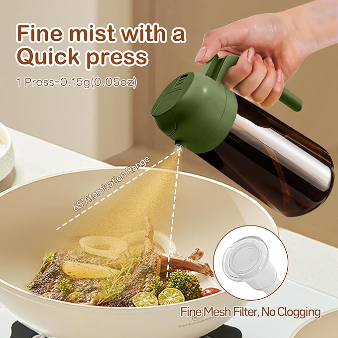 YARRAMATE 16oz/470ml Dark Brown Oil Sprayer for Cooking with Stickers, Food-grade Premium 2 in 1 Olive Oil Dispenser Bottle for Kitchen Gadgets, Air Fryer, Salad, Frying, BBQ (OliveGreen)