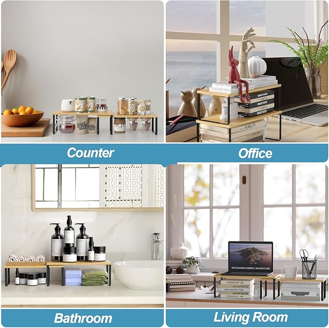 NEX Cabinet Shelf Organizer Set of 2, Kitchen Counter Shelves Spice Rack, Stackable, Expandable, Kitchen Pantry Cupboard Storage Organization, Black and Natural