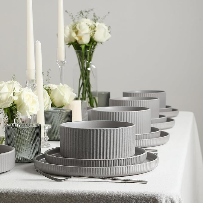 Stone Lain Haven Stoneware 24-Piece Dinnerware Set, Grey - Plates and Bowls Sets for 8, Elegant Dish Set, Includes Dinner Plates, Salad Plates Cereal Bowls, Microwave & Dishwasher Safe