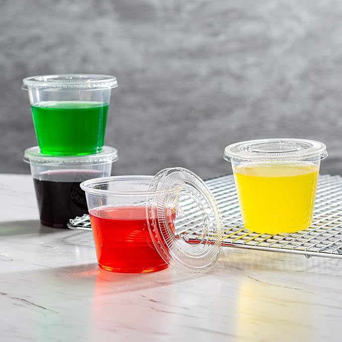 Portion Cups with Lids (5.5 Ounces, 200 Pack) | Disposable Plastic Cups for Meal Prep, Portion Control, Salad Dressing, & Medicine | Small Plastic Condiment Container