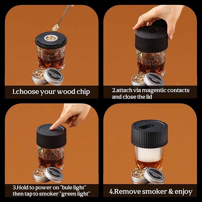 Electric Whiskey Smoker Kit Rechargeable Cocktail Smoker with 6 Wood Chips, No Butane Needed, Mens Gift for Whiskey Lovers, Old Fashioned Smoker Kit for Men, Bourbon Smoker Kit