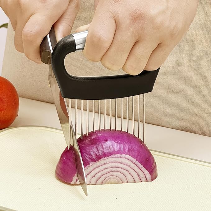 Onion Slicer with Protective Cover - Stainless Steel Cutter for Slicing Tomatoes, Potatoes, Avocados - Multiuse Vegetable Chopper and Meat Tenderizer