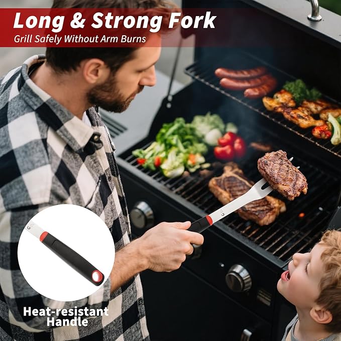 BBQ Tools Set, Heavy Duty Stainless Steel Spatula, Fork & Tongs with Portable Bag, Essential Accessories for Barbecue Outdoor Grill, Grilling Gifts for Men Dad Camp Chef