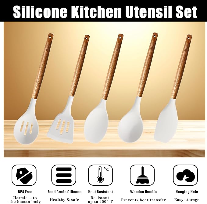 Kitchen Utensils Set, Silicone Cooking Utensils Set,Non-Stick Silicone Spatula Set with Natural Acacia Hard Wood Handle, 5 Piece, Upgraded Thickened Cookware