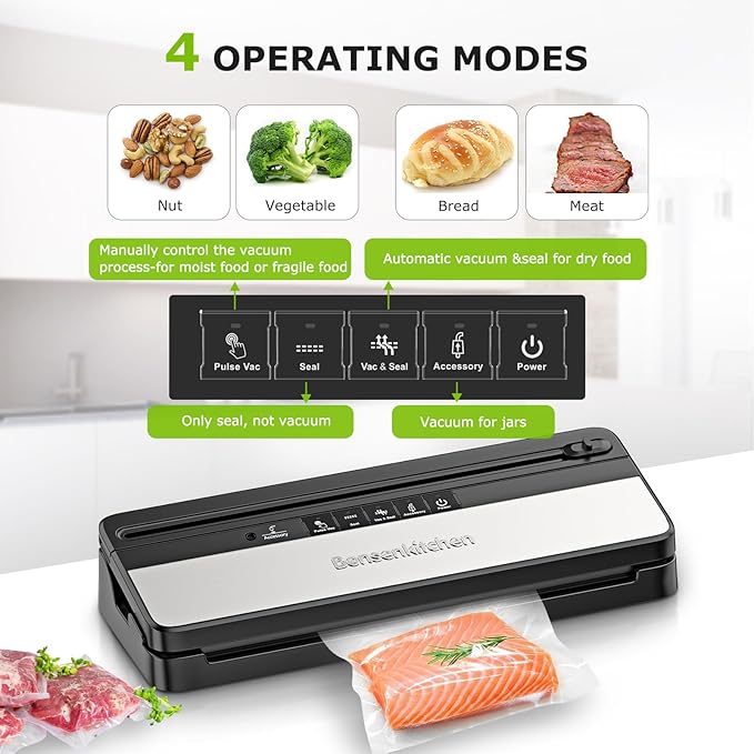 Bonsenkitchen Vacuum Sealer Machine, Multi-Functional Food Sealer with 1 Roll Bag & 50 Vacuum Bags, Built-in Cutter | Bag Storage, Black-Silver