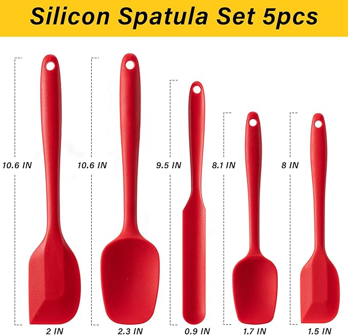Silicone Spatula Set, 5 Piece Food Grade Rubber Spatulas for Baking, Cooking, and Mixing High Heat Resistant Non Stick Dishwasher Safe BPA-Free (RED)