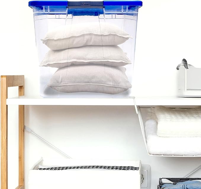 HOMZ 2-Pack Secure Latch, Clear Plastic Storage Organizer Bins, 64 Quart, Blue Lid - Stackable Container Boxes for Bedroom, Bathroom, Garage, and Office Organization