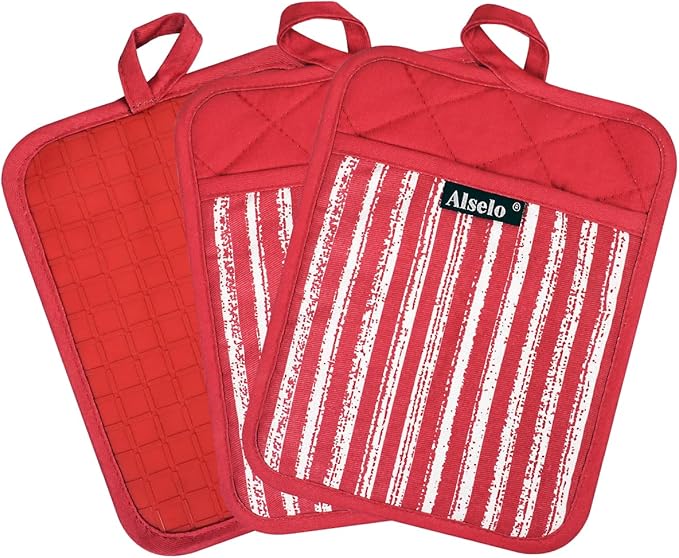 Silicone Pot Holders Set of 3 Heat Resistant & Non Slip Potholders, Professional Oven Hot Pads with Pockets Mitts for Kitchen Cooking Baking Barbecue (3, Red)