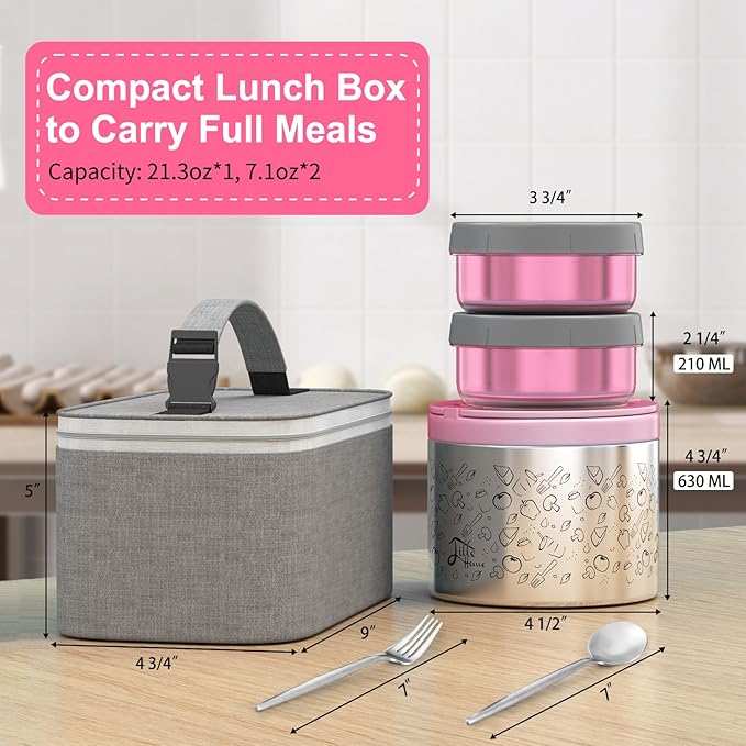 Lille Home Portable Insulated Lunch Box Set with Stainless Steel Cutlery, vacuum lunch box, to Keep Food Warm or Cool, Two Containers for Fruits and Sauces, Durable and Leak-Proof(Pink)