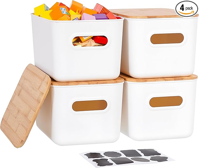 Citylife 4 PCS Storage Bins with Bamboo Lids Plastic Storage Containers for Organizing Stackable Storage Box with Handle, 10.23 x 7.08 x 6.3 inch