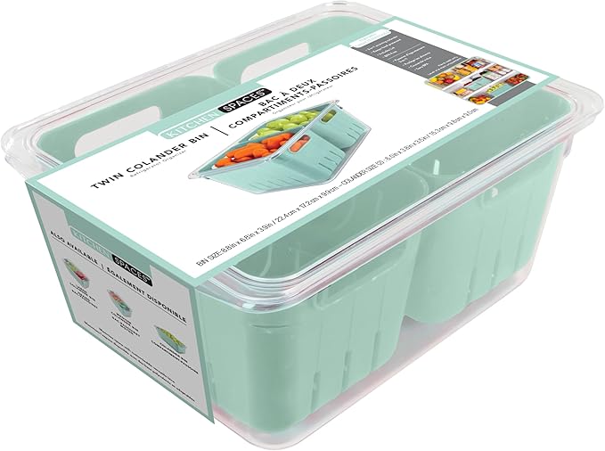 Kitchen Spaces Twin Colander Stackable Food Storage Organizer for Fridge, Freezer, and Pantry, 8.8" x 6.8" x 3.9", Mint