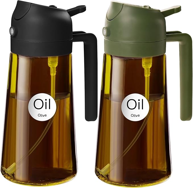 YARRAMATE 2Pcs 16oz/470ml Dark Brown Oil Sprayer for Cooking with Stickers, Food-grade Premium 2 in 1 Olive Oil Dispenser Bottle for Kitchen Gadgets, Air Fryer, Salad, Frying, BBQ (Black&OliveGreen)