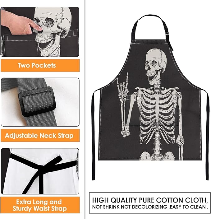 Britimes Skeleton Rock Skull Halloween Apron Home Kitchen Cooking Baking Gardening for Women Men with Pockets 32x28 inch