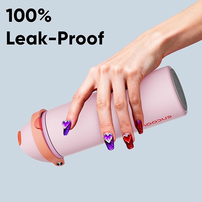 Insulated Water Bottle with Straw - Encool Stainless Steel Water Bottle with Push Button Lid, Leak-Proof & BPA-Free, Keeps Cold for 24 Hours for Sports, Travel, Gym (24 oz, Lily-Red)