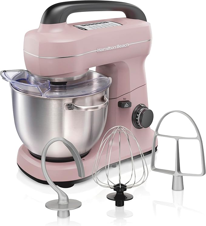 Hamilton Beach Electric Stand Mixer, 4 Quarts, Dough Hook, Flat Beater Attachments, Splash Guard, 7 Speeds with Whisk, Easy-Carry Top Handle, Pink