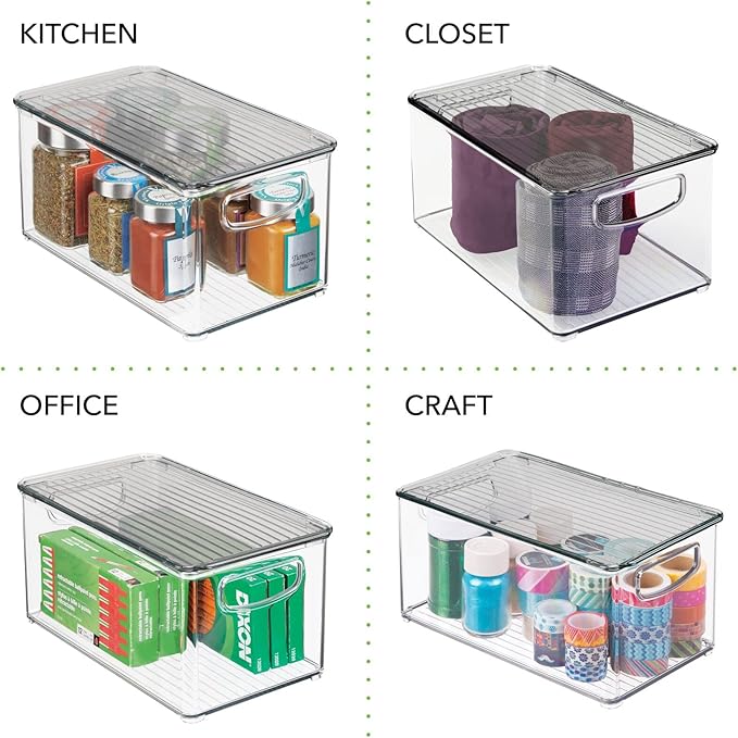 mDesign Plastic Deep Storage Bin Box Container with Lid and Built-In Handles - Organization for Fruit, Snacks, or Food in Kitchen Pantry, Cabinet, Cupboard, Ligne Collection, 4 Pack, Clear/Smoke Gray