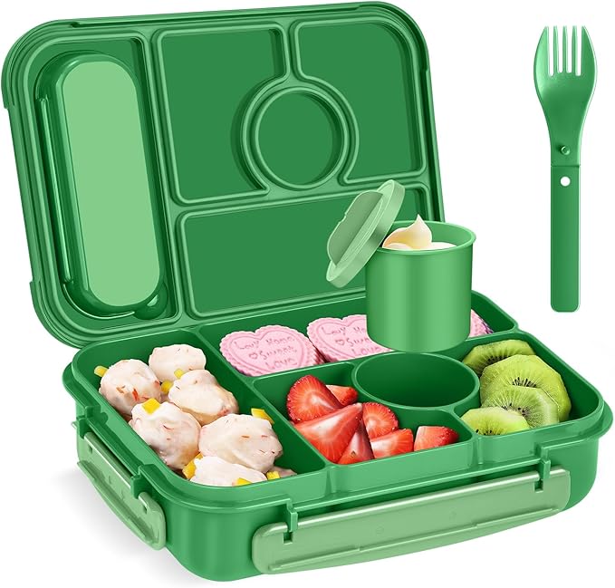 Bento Box Adult Lunch Box Kids,Lunch Containers for Adults/Kids/Toddler,5 Compartments Bento Lunch Box with Sauce Vontainers,Microwave & Dishwasher & Freezer Safe,BPA-Free (Emerald green)