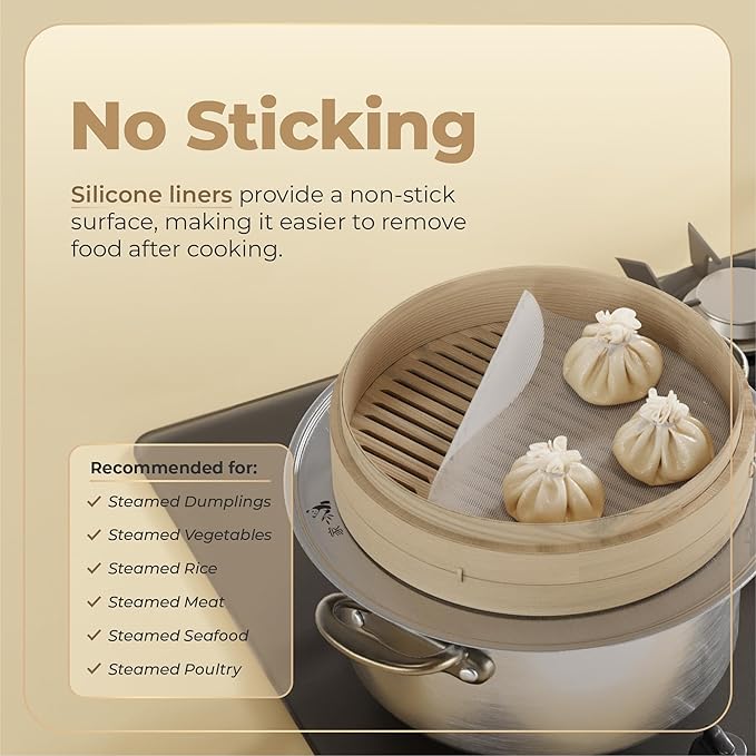Prime Home Direct Bamboo Steamer Silicone Liners 12-Inch | 6 Count | BPA Free | Reusable & Non Stick for Air Fryer, Dumpling Food Steam Pot & Dim Sum Steaming | Round Mesh Parchment Baking Sheet Paper