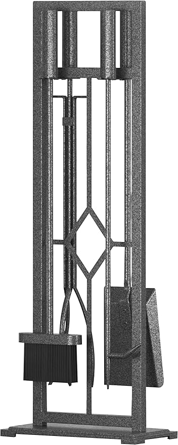 Fire Beauty 5 Pieces Fireplace Tools Set Wrought Iron Fire Place Pit Poker Holder(Pewter)