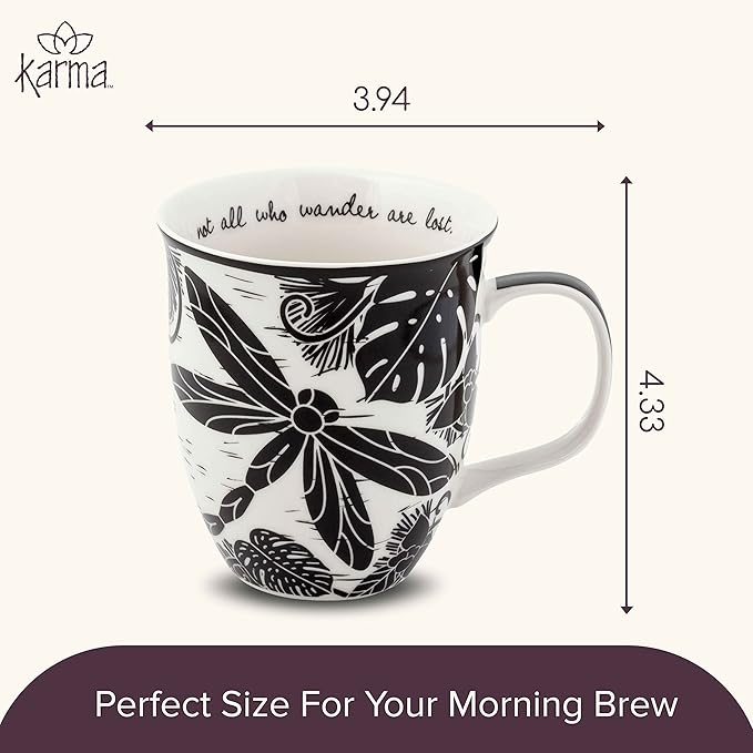 Karma Gifts 16 oz Black and White Boho Mug Dragonfly - Cute Coffee and Tea Mug - Ceramic Coffee Mugs for Women and Men