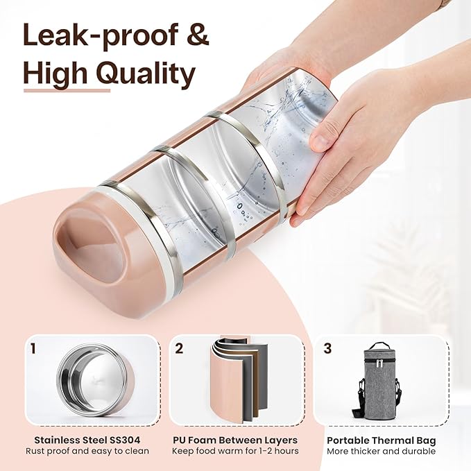 Lille Home Stackable Stainless Steel Lunch Containers, 43OZ Capacity 3 Layers Leakproof Bento Box for Adult, Portable Lunch Box for Women, Man, Travel, Office with Lunch Bag (Gold.Pro)