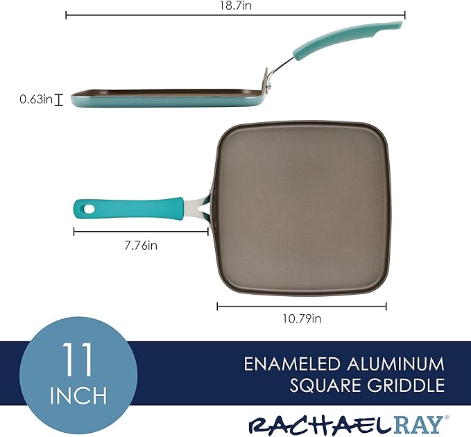 Rachael Ray Cook + Create Nonstick Stovetop Griddle/Grill Pan, Square, 11 Inch, Agave Blue