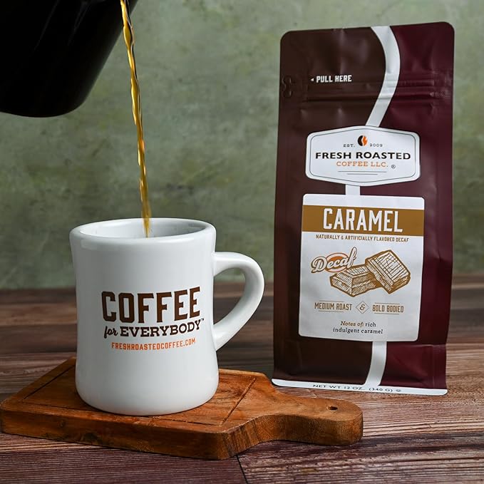 Fresh Roasted Coffee, Decaf Caramel Flavored Coffee, 12 oz, Medium Roast, Kosher, Whole Bean