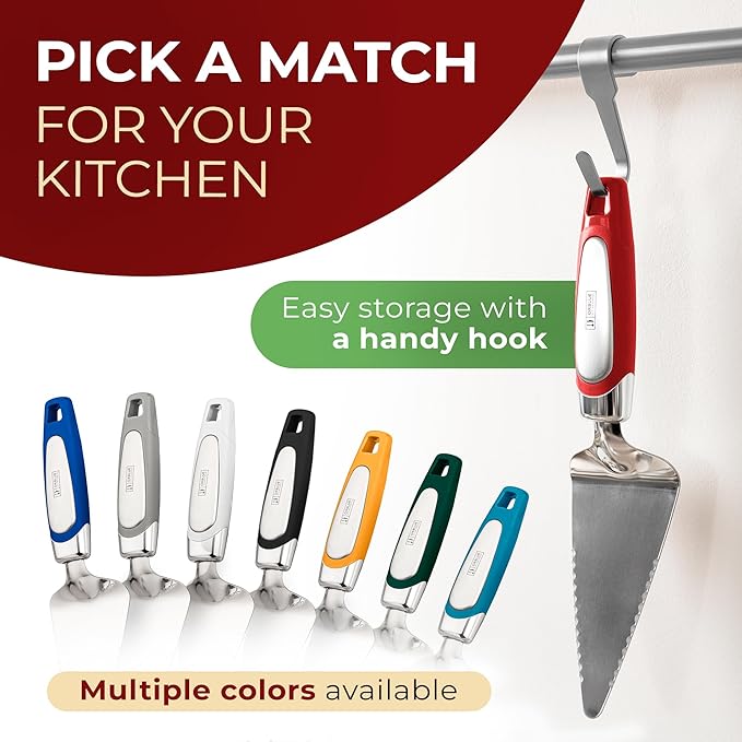Orblue Pie Server, Essential Kitchen Tool, Serrated on Both Sides, Great for Right or Left Handed Chef, Stainless Steel Flatware, Cake Cutter, Red