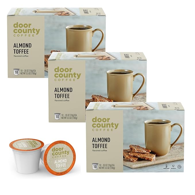 Door County Coffee Almond Toffee Flavored Ground - 30 Count Single Serve Cups - Medium Roast - 100% Specialty Arabica - Flavored Gourmet - Roasted Almonds &Toffee Flavored