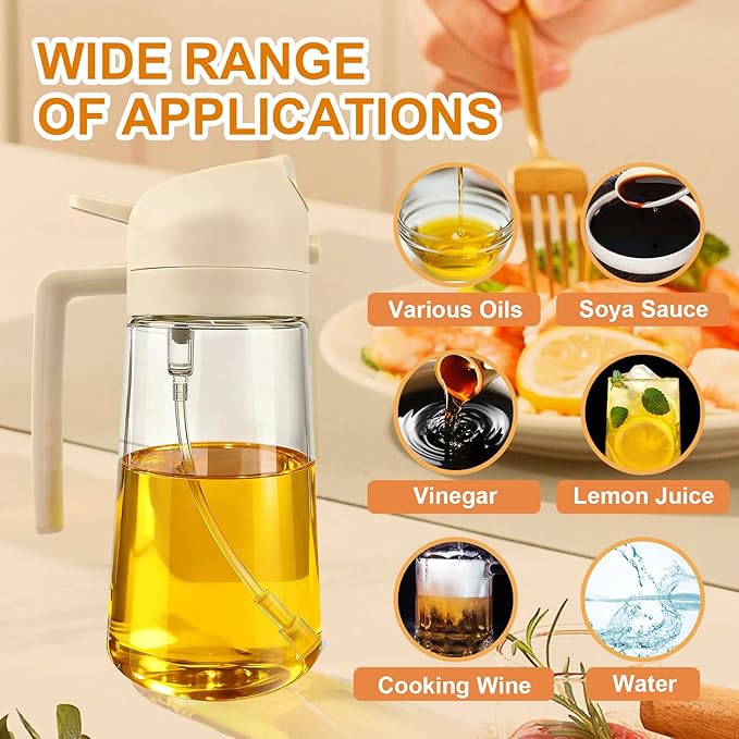Glass Olive Oil Sprayer for Cooking, Oil Dispenser Bottle for Kitchen Gadgets, 2 in 1 Spray and Pour bottle, Home and Kitchen Essentials, Air Fryer Accessories for Salad, BBQ (16oz/470ml, White)