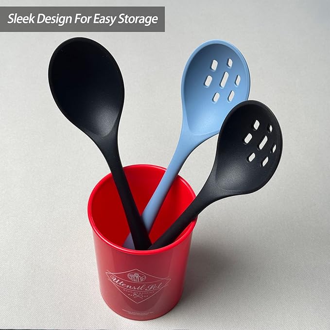 Silicone Slotted Spoons for Cooking - Extra Large Kitchen Spoons for Mixing, Serving, & Stirring - 600°F Heat-Resistant Non Stick Utensils Skimmer- Dishwasher Safe, Black