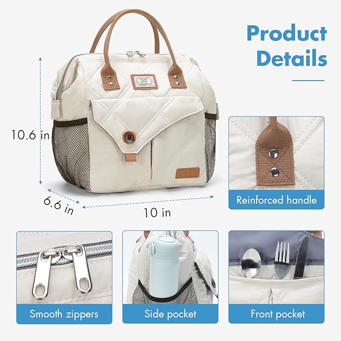 Lekesky Lunch Bag for Women Insulated Lunch Box Leakproof Lunchbox for Adult Work, Quilted Beige