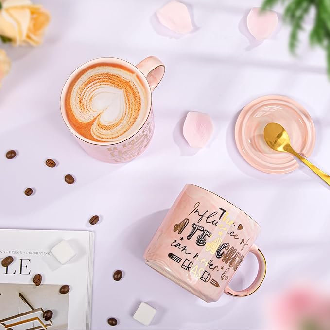 Teacher Appreciation Gifts for Women, Christmas, Birthday, Retirement, Back to School, Graduation, End of Year Gifts - The Influence of A Teacher Can Never Be Erased, 14oz Golden Pattern Marble Mug