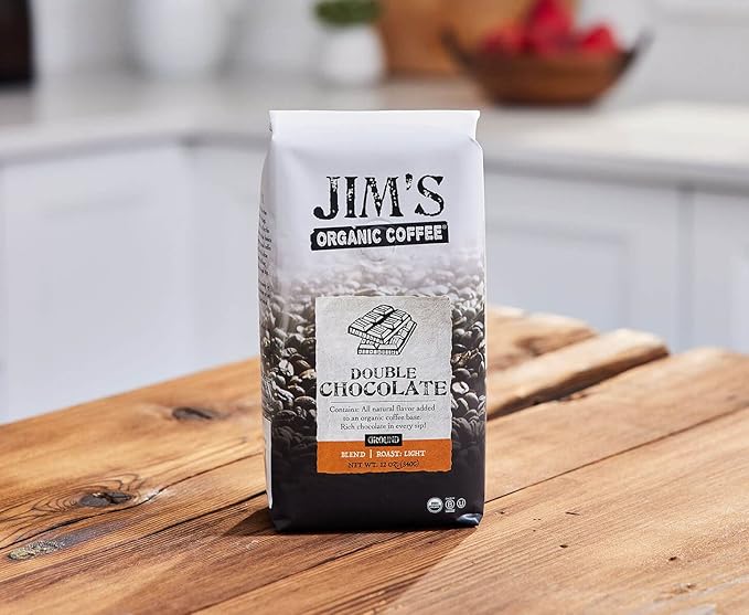 Jim’s Organic Coffee – Double Chocolate: Ground All Natural Flavored Light Roast (12oz) -100% Arabica Coffee Beans - USDA Certified Organic – Kosher – Regeneratively Grown - Ethically Sourced