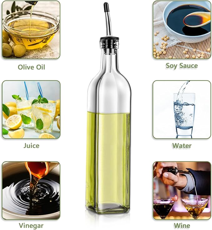 Olive Oil Dispenser Bottle, 2 Pcs Glass Olive Oil Dispenser and Vinegar Dispenser Set with 2 Stainless Steel Pourers, 4 Labels,1 Brush and 1 Funnel Oil Bottles for Kitchen (500ml)