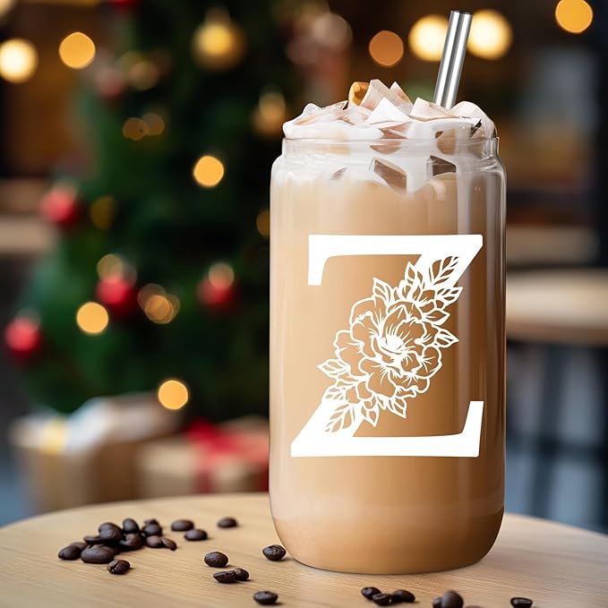 Coolife Initial Glass Cup, Monogrammed Gifts for Women, 16 oz Glass Cups w/Lids Straws, Iced Coffee Smoothie Beer Tumbler w/Straw Lid - Personalized Christmas, Birthday Gifts for Her Mom Friend Woman
