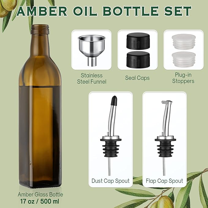 AOZITA 17oz Glass Olive Oil Dispenser - Oil and Vinegar Cruet Bottle with Stainless Steel Pourers - Funnel For Easy Refill - Olive Carafe Decanter for Kitchen