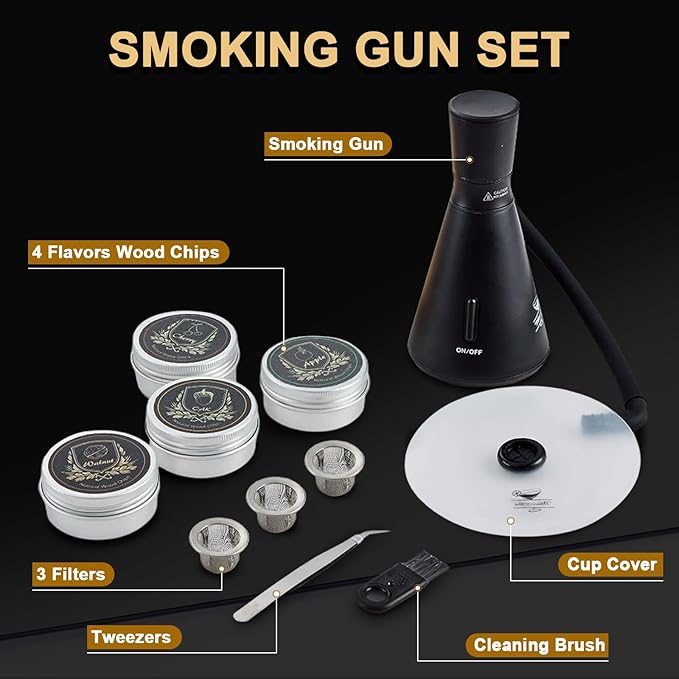 Smoke Gun Cocktail Smoker Kit - Complete Cocktail Smoker Kit with 4 Wood Flavors, Accessories, and Brush - Perfect Drink Smoker Kit for Infusing Flavor into Cocktail (Black(Dome not Included))