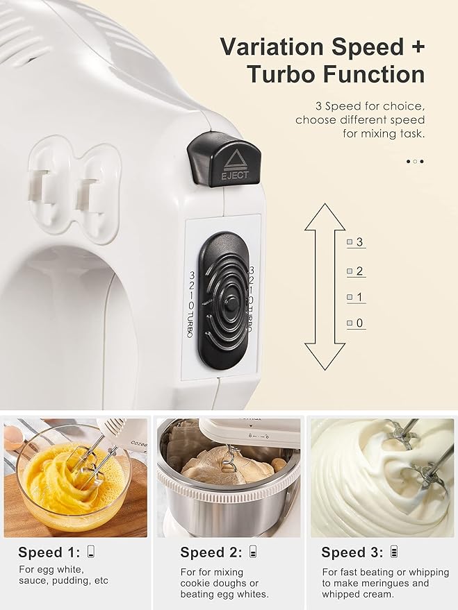 2 in 1 Hand Mixers Kitchen Electric Stand mixer with bowl 3 Quart, electric mixer handheld for Everyday Use, Dough Hooks & Mixer Beaters for Frosting, Meringues & More (White-S)