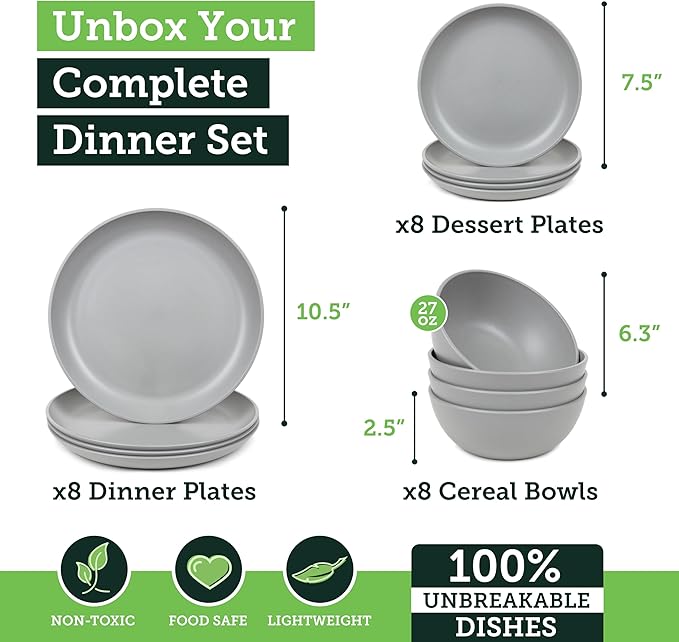 Grow Forward 24-piece Premium Wheat Straw Dinnerware Sets for 8 - Unbreakable Dishwasher & Microwave Safe Plastic Plates and Bowls Sets - Patio, Outdoors, RV, Camping Dishes - Feather