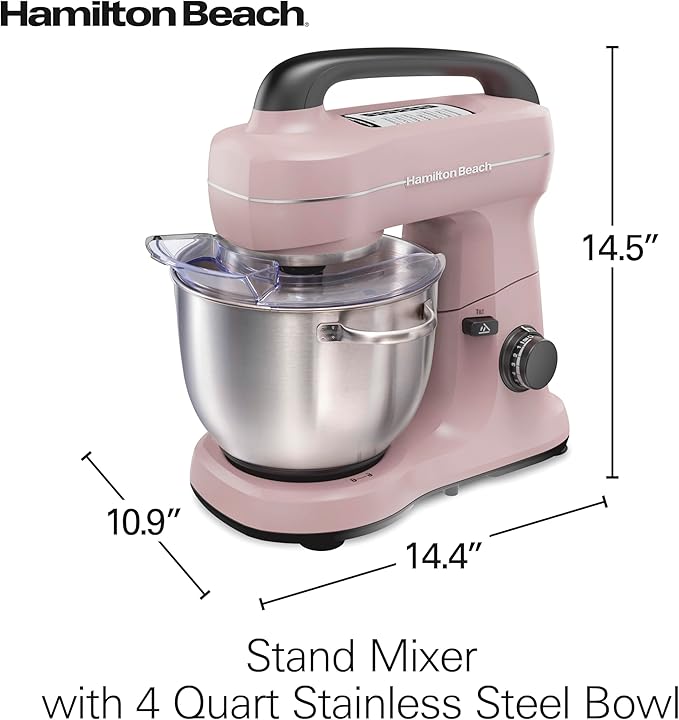 Hamilton Beach Electric Stand Mixer, 4 Quarts, Dough Hook, Flat Beater Attachments, Splash Guard, 7 Speeds with Whisk, Easy-Carry Top Handle, Pink