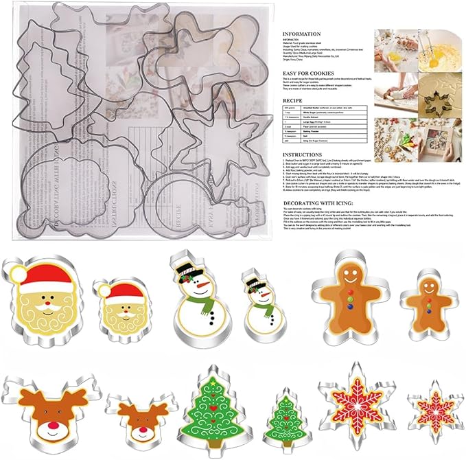 Large Christmas Cookie Cutters,4" Holiday Sturdy Molds thickened Stainless Steel with Recipe Instruction,Snowman, Christmas tree, elk, snowflake,Santa Face,Gingerbread Men for Baking.