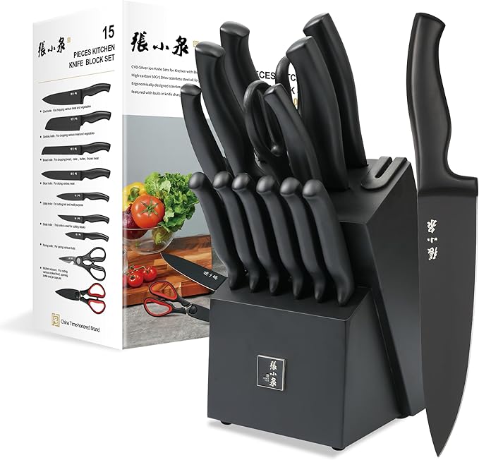 ZHANG XIAO QUAN SINCE 1628 15Pcs Knife Sets with Block, knife sets for kitchen with block High Carbon Stainless Steel Built-in Sharpener(Black)